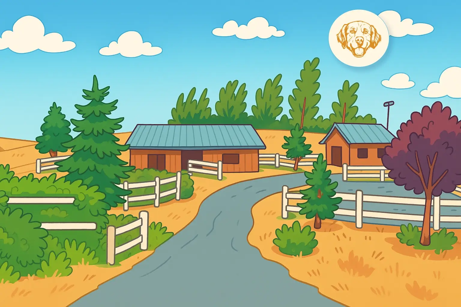 Sniff and Wiggles Dog Daycare Facility in Petaluma, Sonoma County cartoon illustration of a dog daycare facility in petaluma with barns, fencing, trees, and a smiling golden retriever logo in the sky